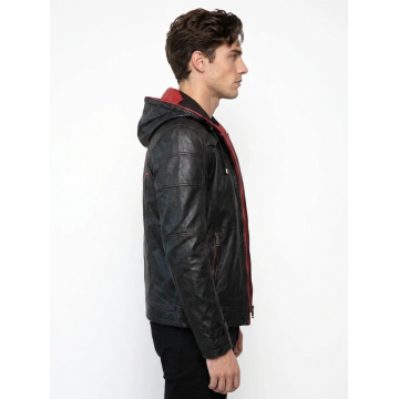 Men's Black & Red Hooded Real Leather Jacket