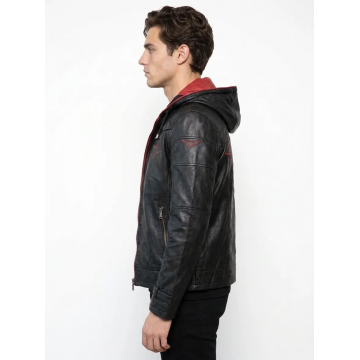 Men's Black & Red Hooded Real Leather Jacket