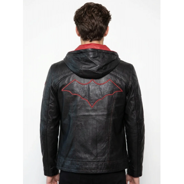 Men's Black & Red Hooded Real Leather Jacket