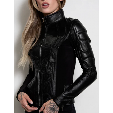 Women's Black Widow Style Black Leather Moto Jacket