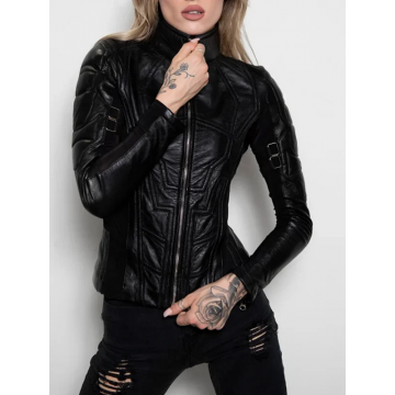 Women's Black Widow Style Black Leather Moto Jacket
