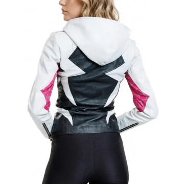 Women's Spider Gwen Hooded White & Black Leather Jacket