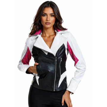 Women's Spider Gwen Hooded White & Black Leather Jacket