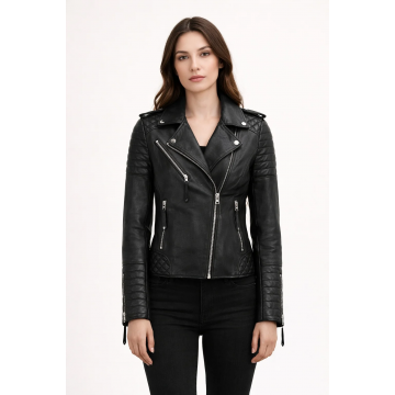 Women's Classic Black Biker Style Real Leather Jacket