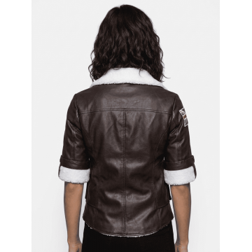 Tracer Style Brown Leather Bomber Jacket with White Fur