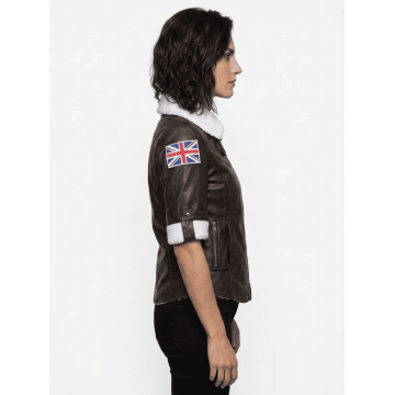 Tracer Style Brown Leather Bomber Jacket with White Fur