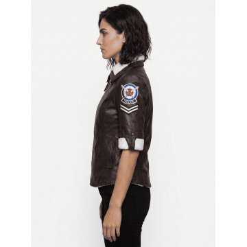Tracer Style Brown Leather Bomber Jacket with White Fur