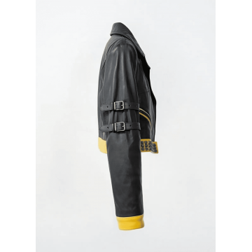 Women's Black and Yellow Cropped Real Leather Jacket