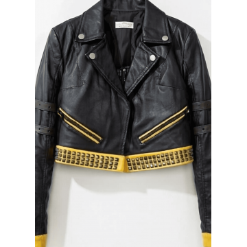 Women's Black and Yellow Cropped Real Leather Jacket