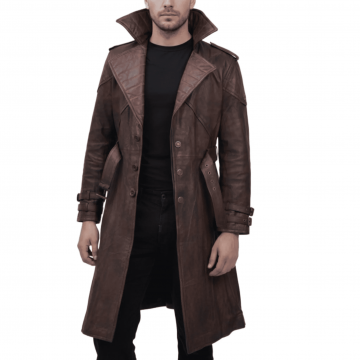 Men's Brown Vintage Leather Gambit Weathered Trench Coat Men's Brown Vintage Leather Gambit Weathered Trench Coat