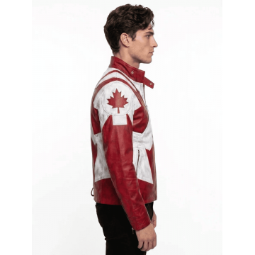 Men's Canuck Canadian Flag Red White Leather Jacket