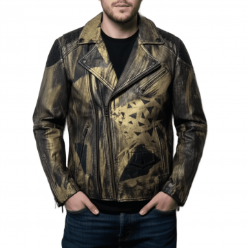 Men's Black and Gold Hand Painted Studded Leather Biker Jacket