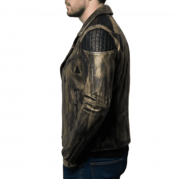 Men's Black and Gold Hand Painted Studded Leather Biker Jacket