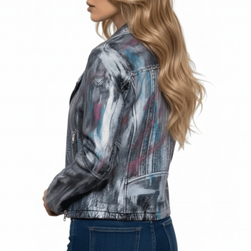 Women's Metallic Hand Painted Real Leather Biker Jacket with Artistic Finish