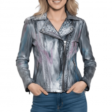 Women's Metallic Hand Painted Real Leather Biker Jacket with Artistic Finish