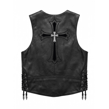 Black Gothic Cross Real Leather Biker Vest