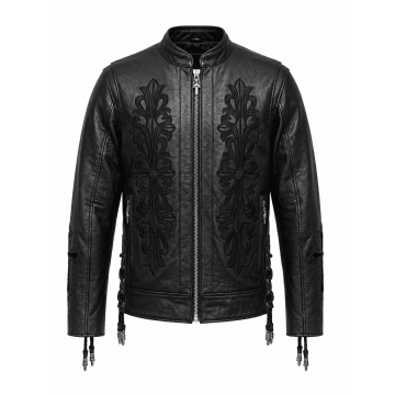 Black Gothic Cross Real Leather Biker Jacket