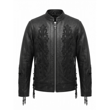 Black Gothic Cross Real Leather Biker Jacket