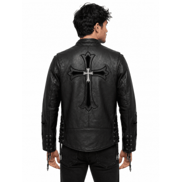 Black Gothic Cross Real Leather Biker Jacket