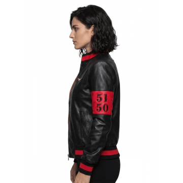 Women's 51 50 Bomber Black & Red Leather Jacket