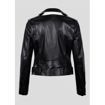 Women's Black & White Two-Tone Real Leather Biker Jacket