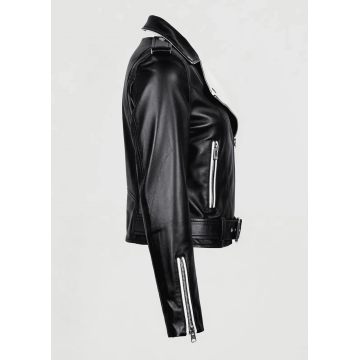 Women's Black & White Two-Tone Real Leather Biker Jacket