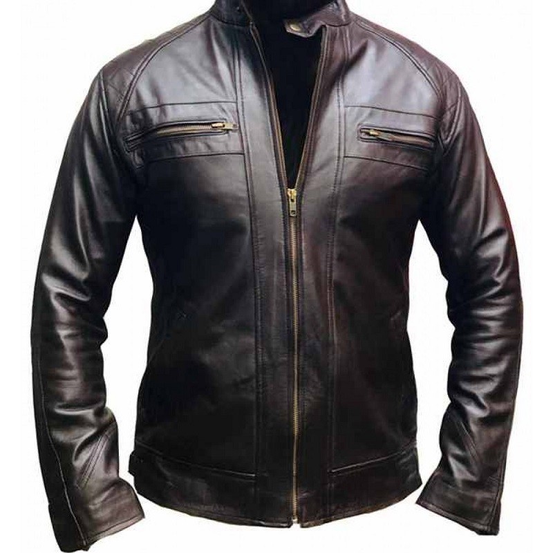 New Mens Quilted Cafe Racer Biker Leather Jacket