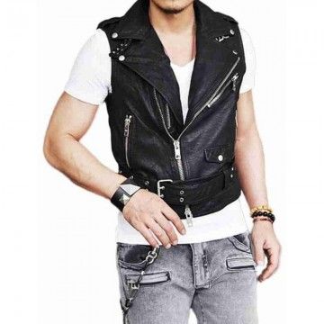 Mens Belted Asymmetrical Black Zipper Leather Vest