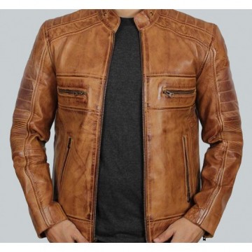 Austin Men's Cafe Racer Lambskin Tan Leather Jacket