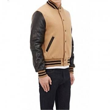 Men's Letterman Wool Tan And Brown Baseball Varsity Jacket