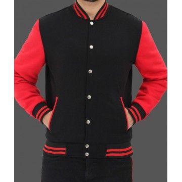 Men's Fleece Baseball Black & Red Varsity Jacket