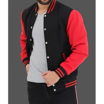 Men's Fleece Baseball Black & Red Varsity Jacket