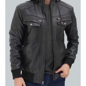Frank Men's Black Leather Hooded Bomber Jacket