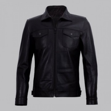 Diran Men Black Classic Leather Jacket with Shirt Collar