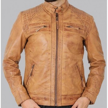 Johnson Quilted Distressed Camel Leather Jacket Men's